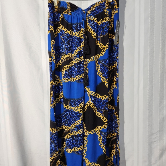 NEW LOOK BLUE/GOLD CHAIN SPLIT HEM HIGH WAIST TROUSERS SIZE LARGE - Picture 2 of 16